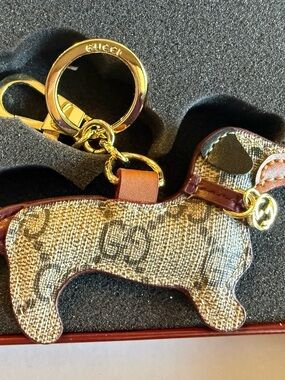 Gucci Brown Monogram Dog Key Charm with Gold Hardware